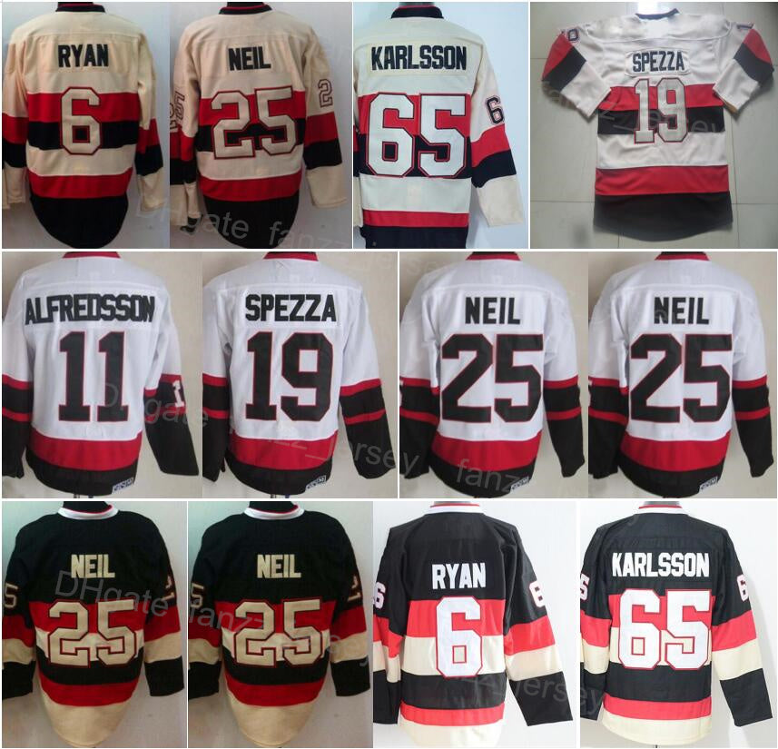 Men Vintage Ice Hockey Retro 19 Jason Spezza Jersey 25 Chris Neil 11 Daniel Alfredsson 6 Bobby Ryan 65 Erik Karlsson All Stitched Black Beige White
