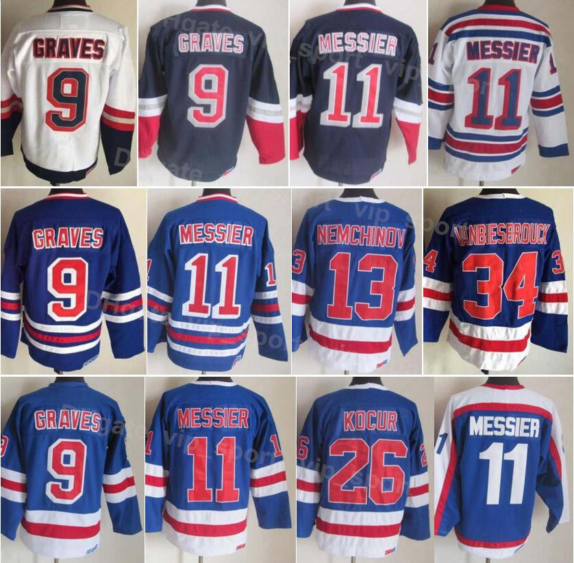 Men Vintage Retro Ice Hockey 9 Adam Graves Jersey 13 Sergei Nemchinov 26 Joe Kocur 34 John Vanbiesbrouck 11 Mark Messier 75th Anniversary Stitched S