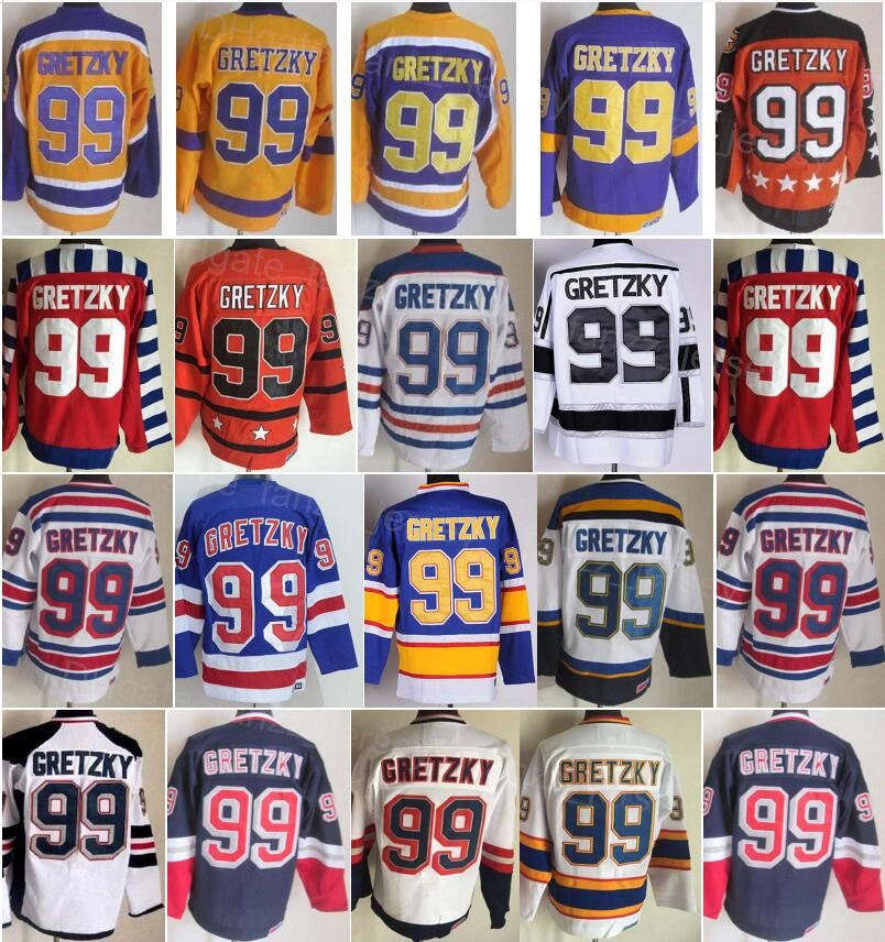 Men Ice Hockey Vintage Classic 99 Wayne Gretzky Retro Jersey Breathable Black White Navy Blue Orange Purple Home Away Embroidery And Sewing Pure Cot