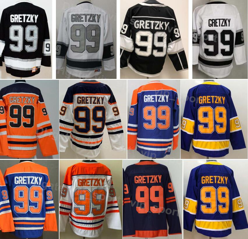 Men Retro 99 Wayne Gretzky Hockey Jerseys Vintage Classic Black White Navy Blue Orange Purple Embroidery And Stitched Breathable Pure Cotton Top Qua