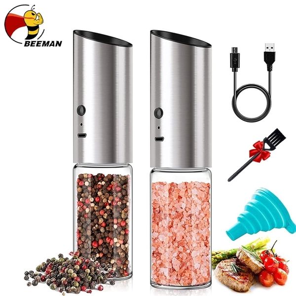 BEEMAN Electric Salt and Pepper Grinder USB Rechargeable Shaker Automatic Spice Mill with Adjustable Coarseness 220311