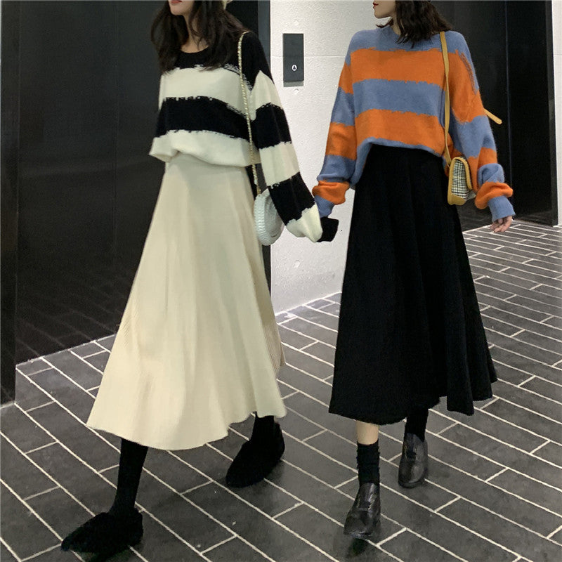 2021 New Winter Midi Skirts Korean Casual Ladies A-line Flare High Waist Solid Knitted Knit Thick Long Sweater Skirt Women Qnyq