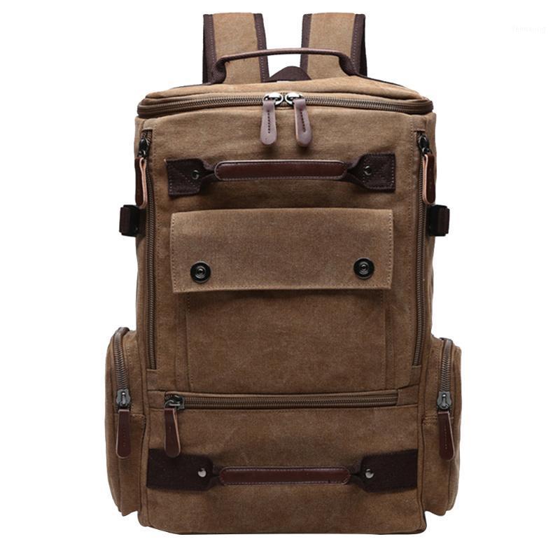 Men Laptop Zipper Closure Multi Pocket Students Travel Canvas With Button Top Handle Backpack Camping Large Capacity Casual