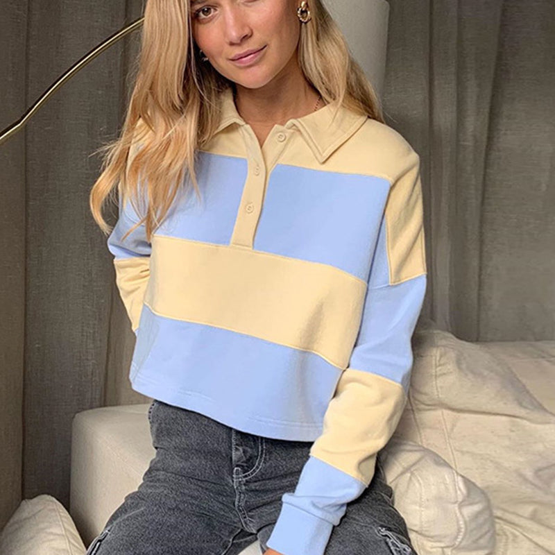 2021 Vintage Stylish Stitching Loose Crop Top Sweatshirt Women Autumn New Long Sleeve Pullover Harajuku Hoodie Clothes for Teens Nsla