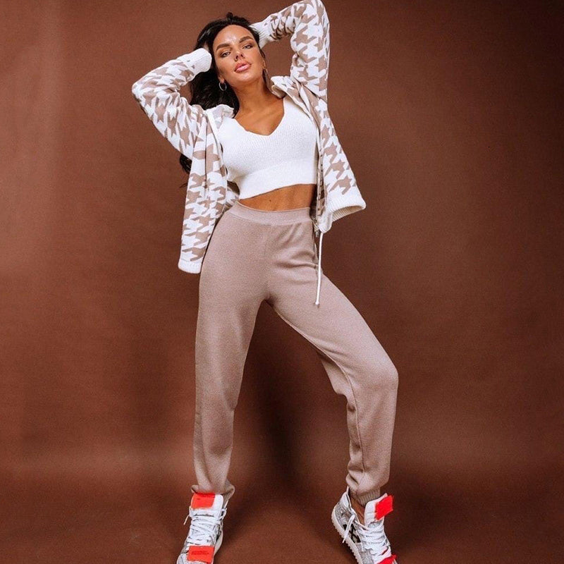 2021 New 2 Piece Set Cotton Knit Plaid Zip-up Hoodie Sweatshirt Coat Sweatpant Suit Women Autumn Casual Warm Winter Tracksuits Female 30ic