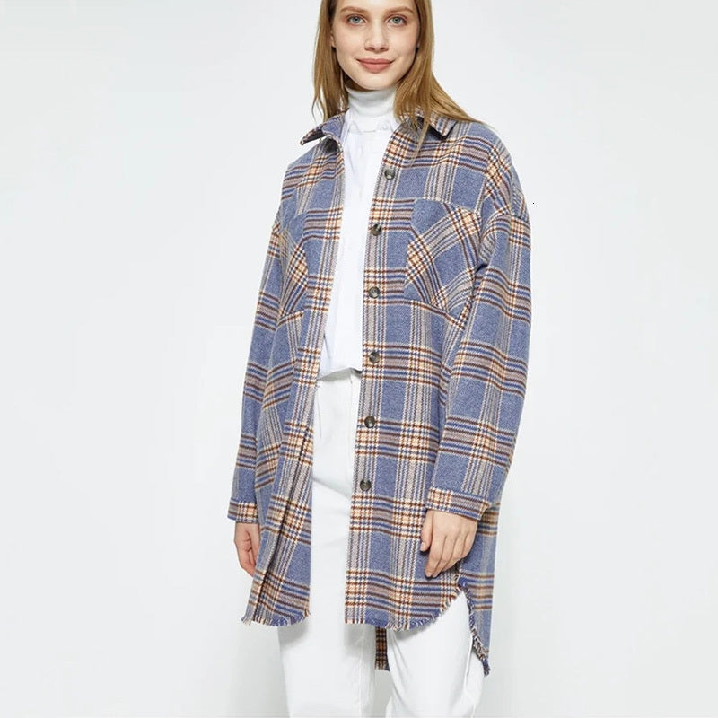 2021 New Plaid Purple Wool Blends Long Coat Women Vintage Loose Jackets Polo Collar Single Breast Casual Streetwear Autumn Outerwear N5ni