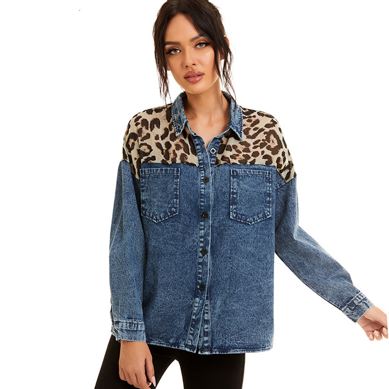 2021 Vintage Spliced Leopard Print Snow Blue Denim Women Blouse Tops Autumn New Long Sleeve Loose Office Lady Shirt Jacket Female P5ic
