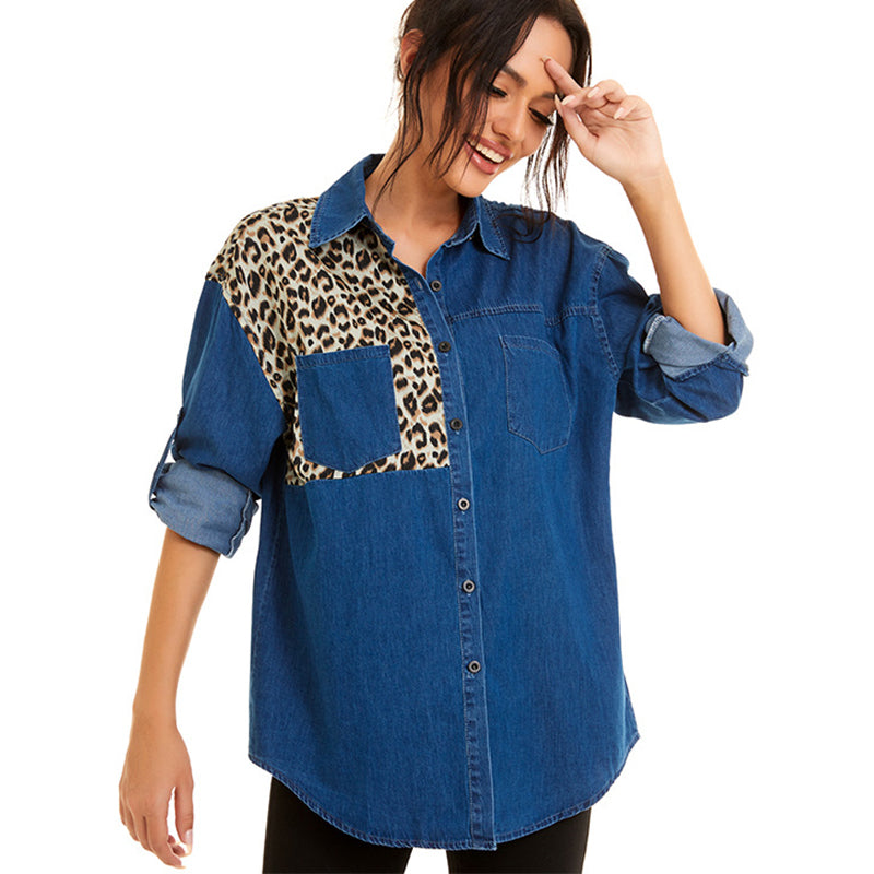 2021 Cotton Denim Spliced Leopard Pattern Women Shirts Blouse New Autumn Polo Collar Long Sleeve Loose Elegant Office Lady Tops Eqhn