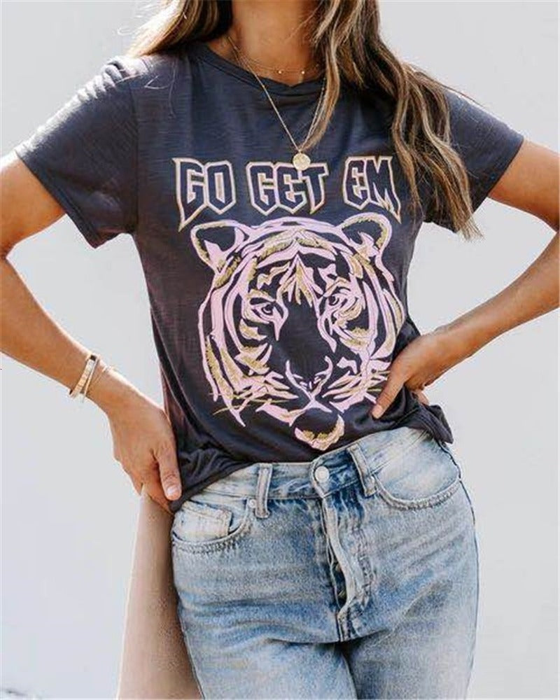 2021 New Vintage Stylish Tiger Animal Print Pattern High Fashion t Shirt Womens Summer Tee Tops Casual O-neck Office Lady Plus Size 8ipg