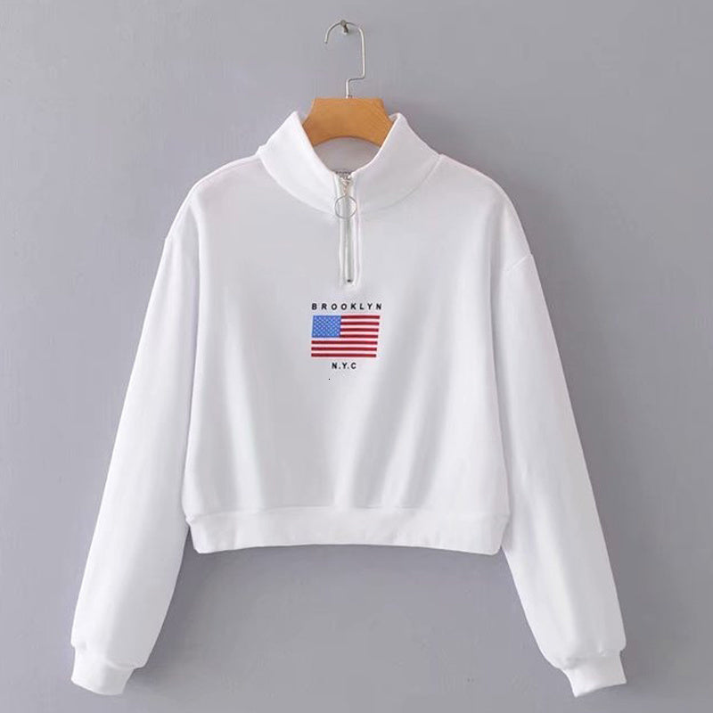 2021 White Sweatshirt Usa Letter Print Zipper Turtleneck Women Hoodie Autumn New Long Sleeve Crop Top Fashion Girls Europe Style S0uo