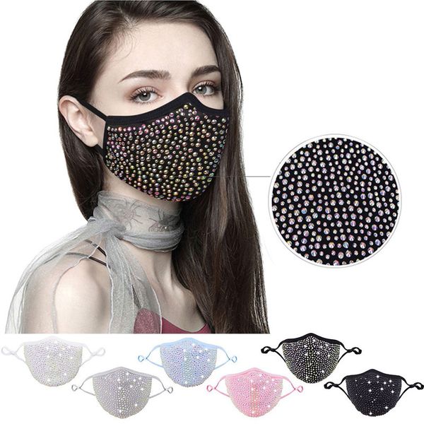 Face Mask Designer Black White Blue Yellow Party Pink Bling Diamond with Drill Women Summer Breathable Decoration Rhinestone Facemask Shiny