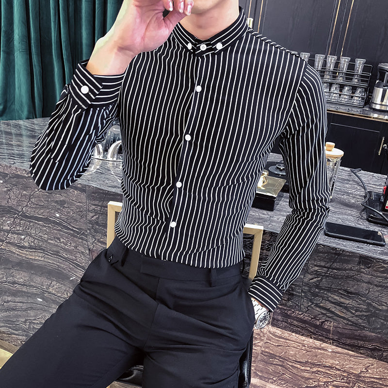 Spring New 2021 Long Young Pinstripe Black Shirts Formal Business Wear Thin Casual Fit Blouse Homme All Games 3xl-m Ehub