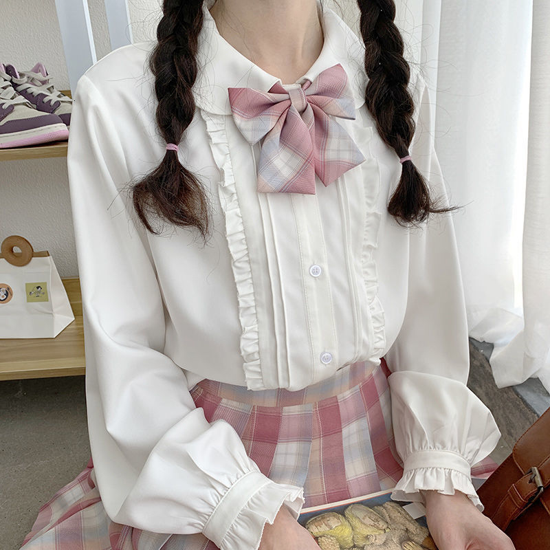 2021 New Japanese Lolita Style Female Long Sleeve Blouses Autumn Kawaiii White Tops for Schoolgirl Korean Clothes V7y5