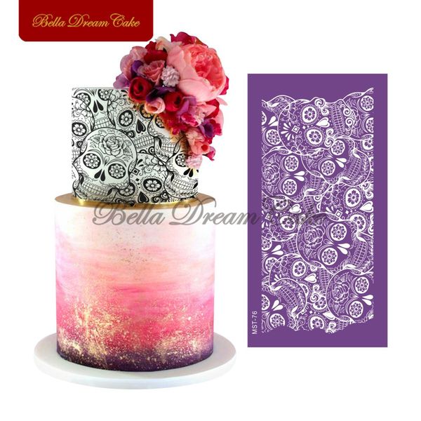 Halloween Skull Pattern Mesh Stencil Cake Stencil Fondant Lace Fabric Chocolate Mould Cake Decorating Tools Bakeware MST-76 210225