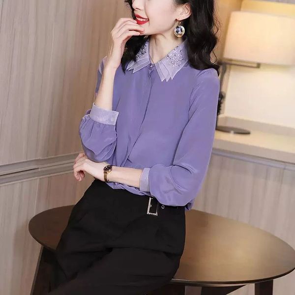 Women Spring Autumn Style Chiffon Blouses Shirts Lady Casual Turn-down Collar Purple Chiffon Blusas Tops DD8878 210225