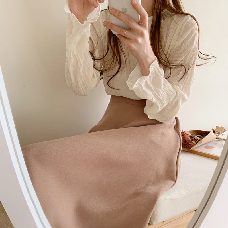 New 2021 Spring Women Chic Mid-calf High Waist Office Lady Autumn Elegant Solid A-line Skirt SMUB