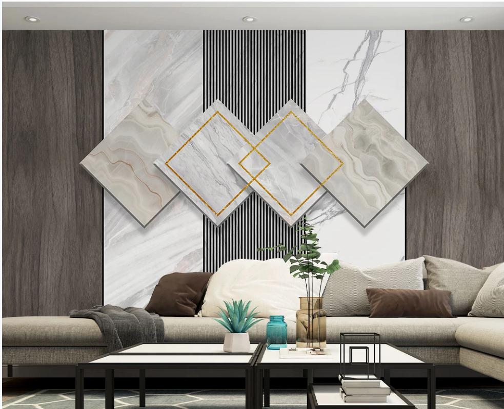 Modern light luxury marble wallpapers wood grain combination geometric wallpapers three-dimensional sofa living room background wall