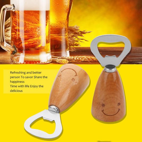 Wholesale Wooden Handles Stainless Steel Openers Smile Anti-Slip Wood Handle Bottle Opener Durable Handheld Beer Bottle Openers XDH1242