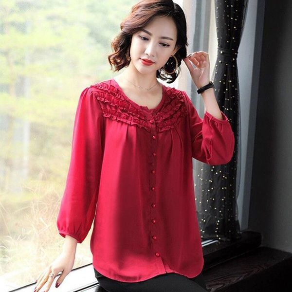 M-6XL Plus Size Women Spring Autumn Style Chiffon Blouses Shirts Lady Casual O-Neck Loose Style Lace Blusas Tops DF3051 210225