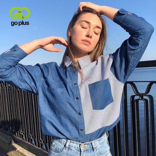 GOPLUS Women&#039;s Shirt Blue Blouse Clothing for Women Tops Turn Down Collar Patchwork Denim Blouses Shirts Haut Chemise Femme 210225