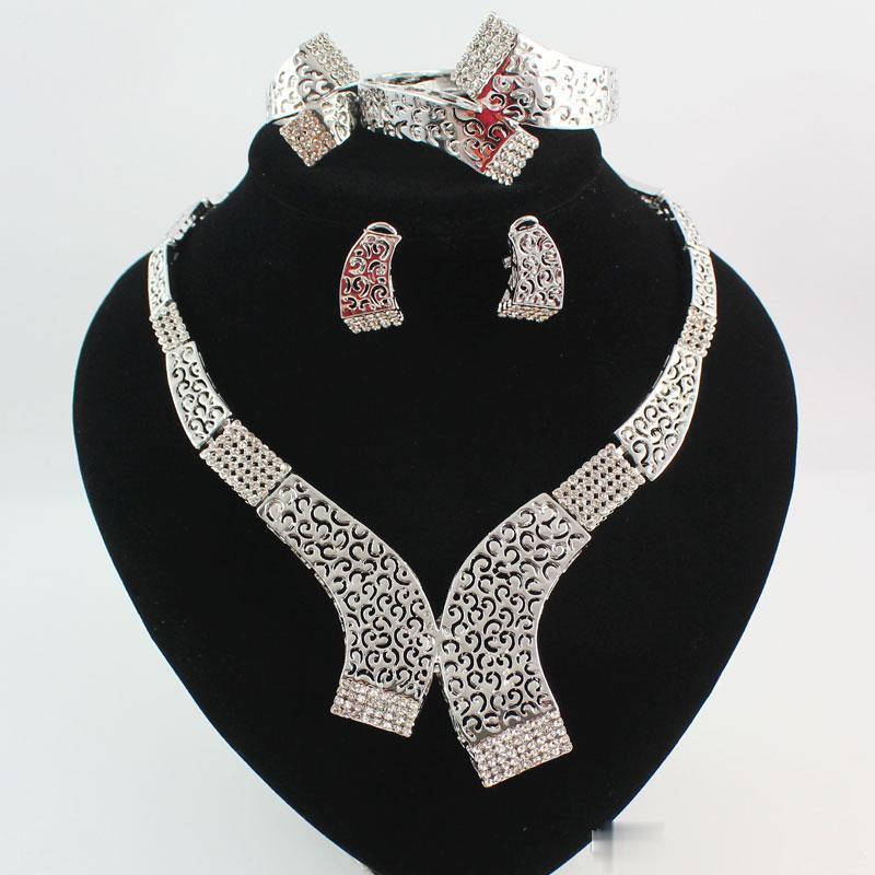 Jewelry Sets Gold-Silver Plated Statement Necklace Bracelet Earring Ring Fashion Crystal Hollow Tribal Bridal Bridesmaid Wedding Jewellery