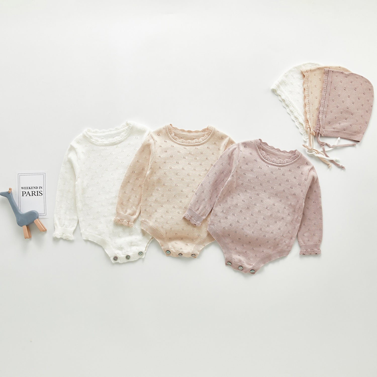 New 2021 Spring Knitting Babywear Fashion Newborn Infant Set Bodysuit+hat 2pcs 100% Cotton Jumpsuit Solid Baby Knitwear U8lo