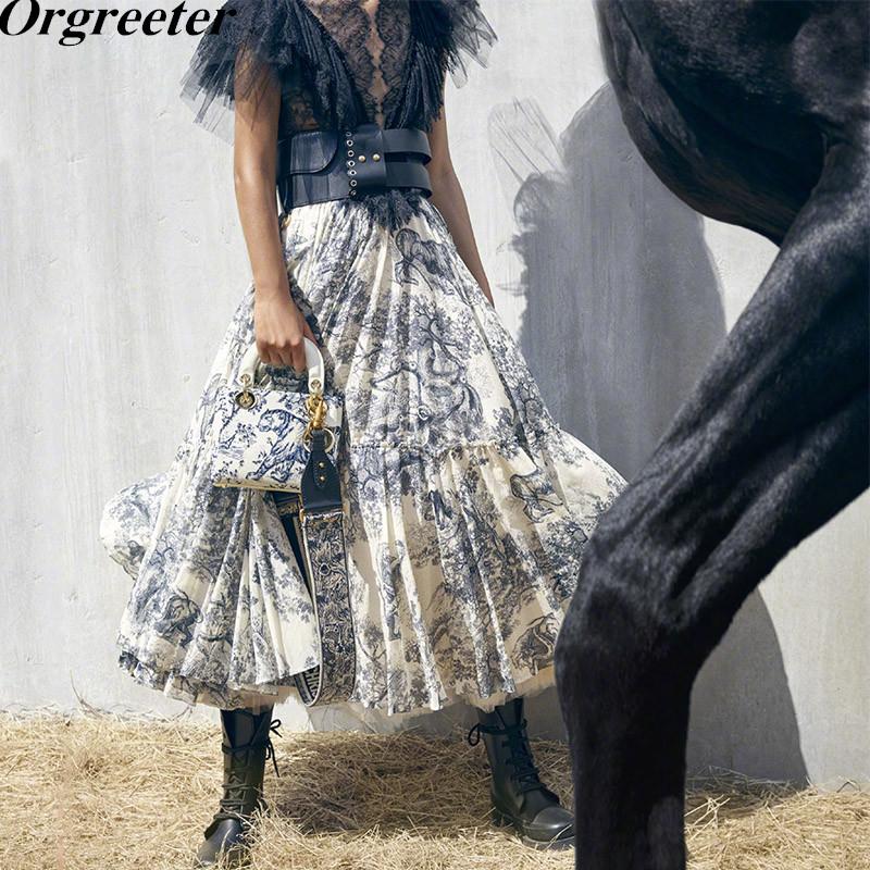 Runway Design Long Maxi Skirts Womens Summer Ink totem forest animals Print Ruffled Pleated