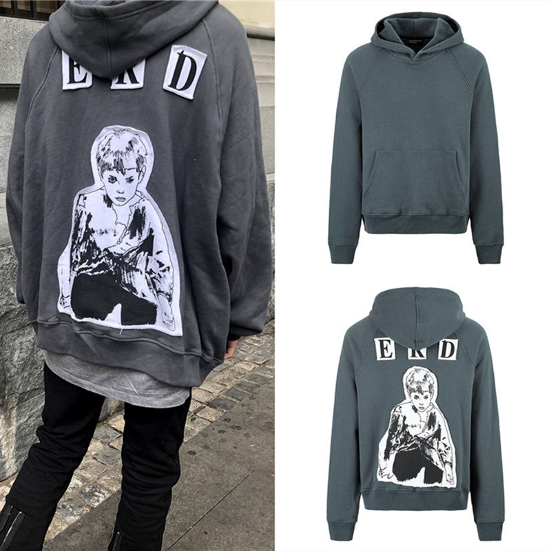 2021 New Azul Cinza Comic Little Boy Remendo Erd Hoodie Masculino Feminino 1:1 Qualidade Superior Oversized Pesado Tecido Pulver 8dkc