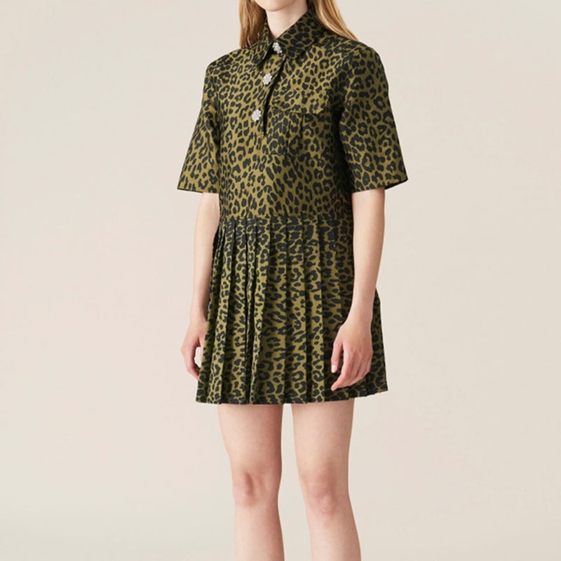 Leopard Jacquard Women Short 2021 New Turn-down Collar Office High Waist Pleated Mini Es Robes with Crystal Buttons Srgn