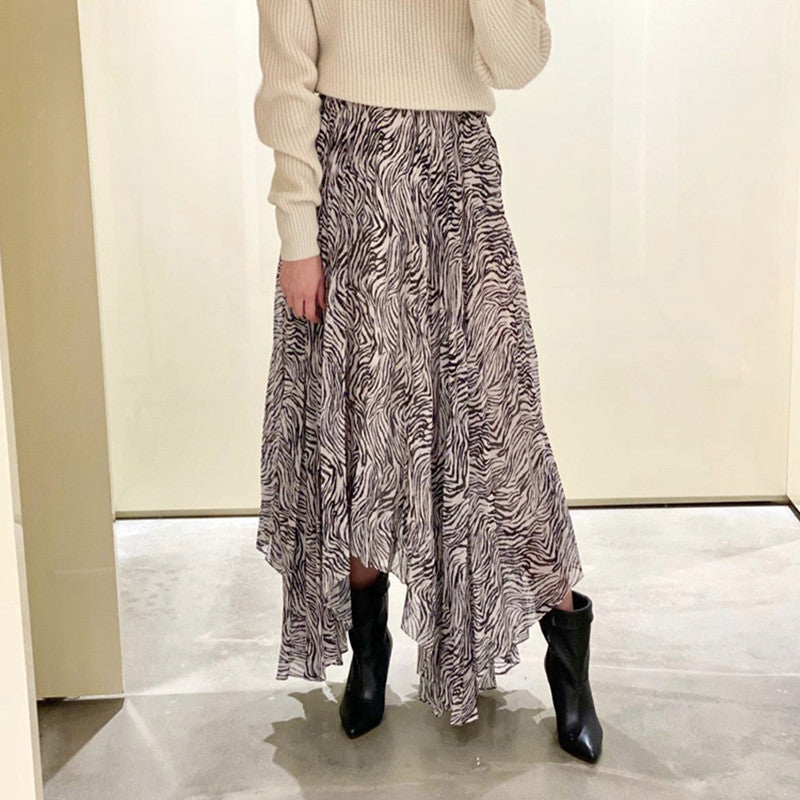 Women Irregular Zebra Stripes Print Midi Skirt 2021 New Ladies High Waist Fashion Pleated Long Skirts Jupe 58k7