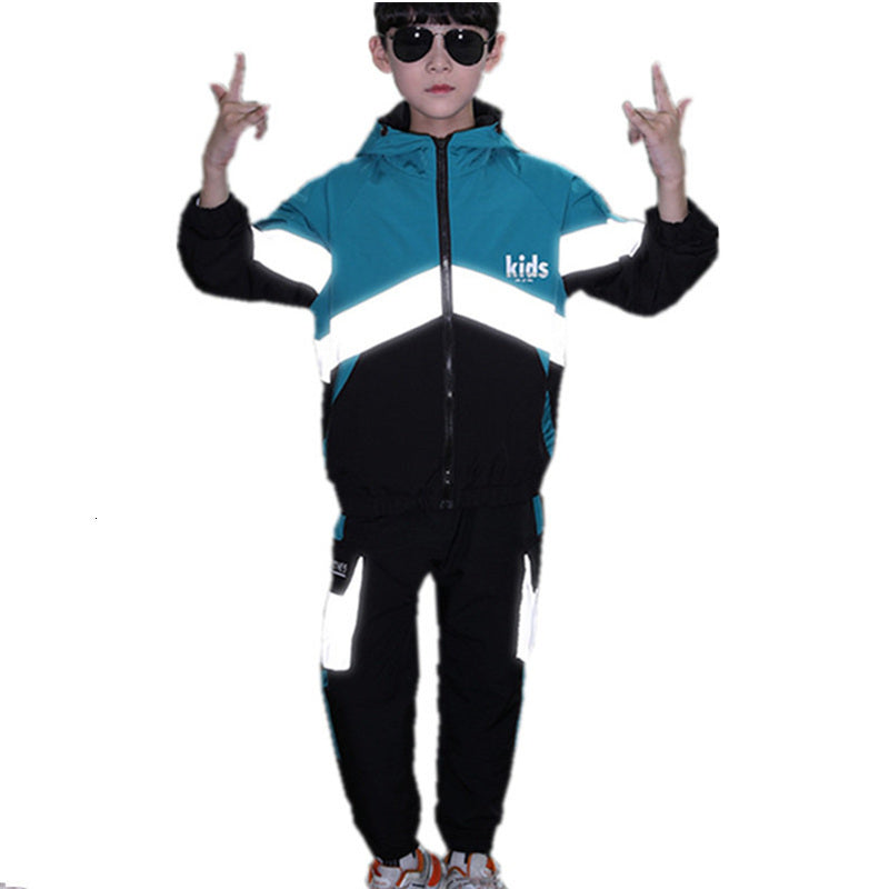 2021 Boys Spring Clothes Define New Autumn Wind-proof Sportswear with Hoodie Jacket + Big Boy Reflective Children 2 Assembly Pieces 5-14 W0u