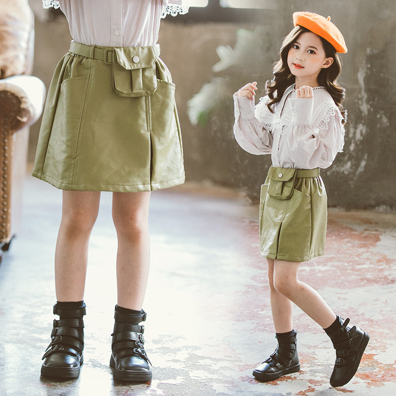 2021 New Baby Little Girls Child&#039;s Kid Clothes Fake Kid&#039;s Leather Skirts to 4-13years Child Suspend Skirt 65hw