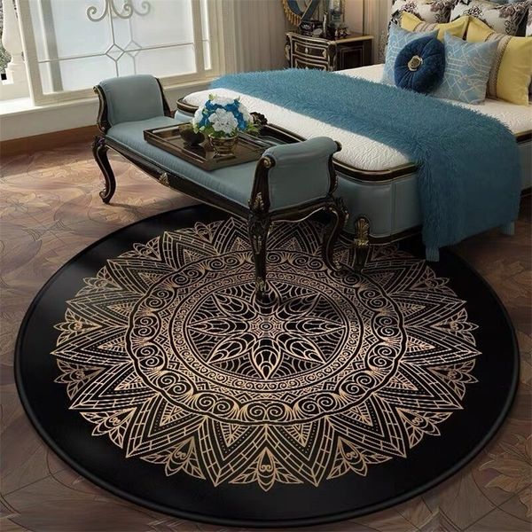 Retro Black And Gold Flowers Round Carpet Lotus Chair Floor Mat Soft Carpets For Living Room Anti-slip Rug Bedroom Decor Carpet 210301