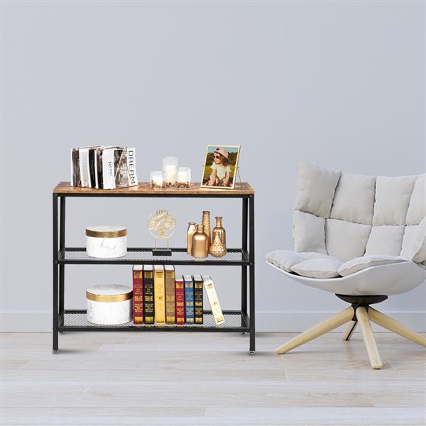 Living Room Furniture HODELY Modern Industrial Wood Grain 3 Floors 40-Inch Rectangle Wrought Iron Sofa Coffee Tea Table