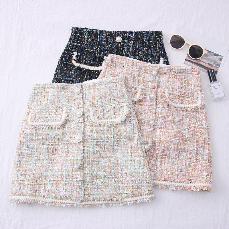 2021 New Autumn Spring Women Woolen Tweed High Waist Elegant Vintage Mini Skirts Buttons Designer N4cx