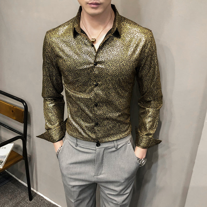 the Gold That Bronzes Design Party Shirt Men&#039;s Shirts Is Unusual Sequins Retro Dandy Shine Stage Attire of Nightclub Fulh