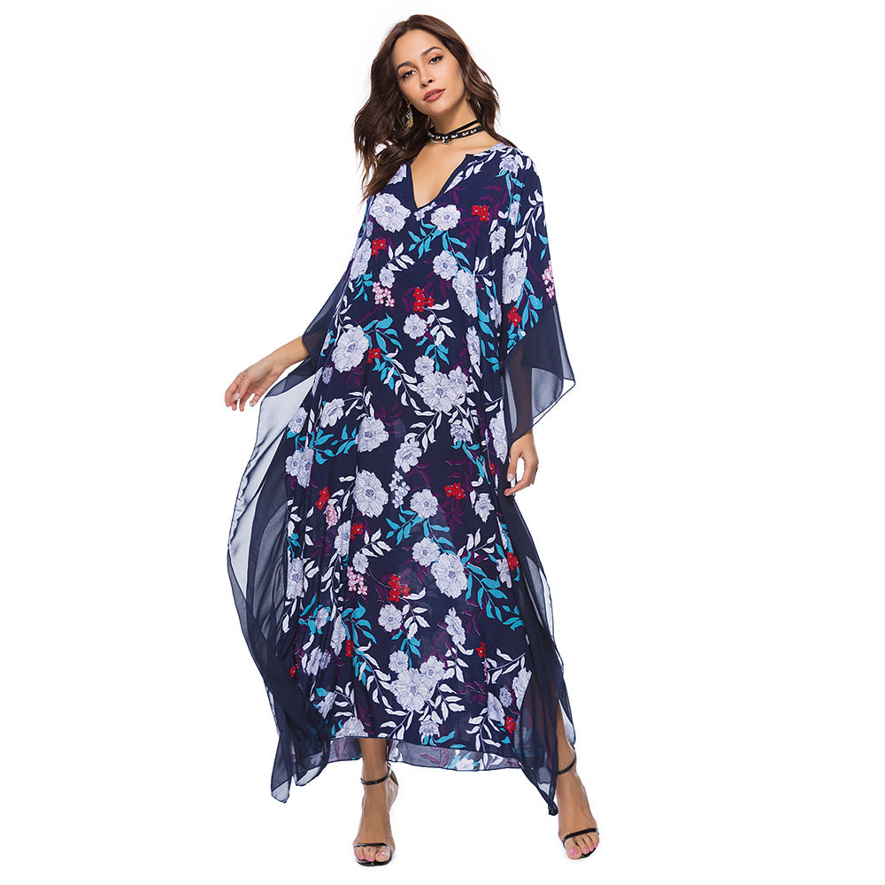 Women Dresses New Beach Spring Summer Dress Casual Fashion Trendy Print Large Size Short Sleeve V Collar Long Robe