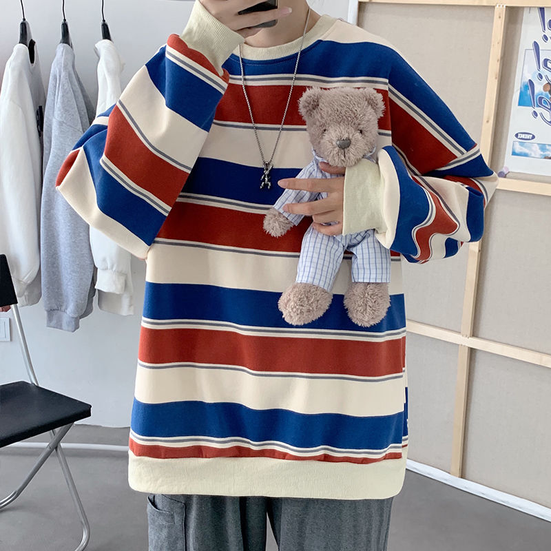 2021 New Men&#039;s Striped Printing Loose Coats Round Collar Pullover Cotton Casual Hoodies Youth Tide Clothes 2-color Sweatshirts S-2xl Fc2c