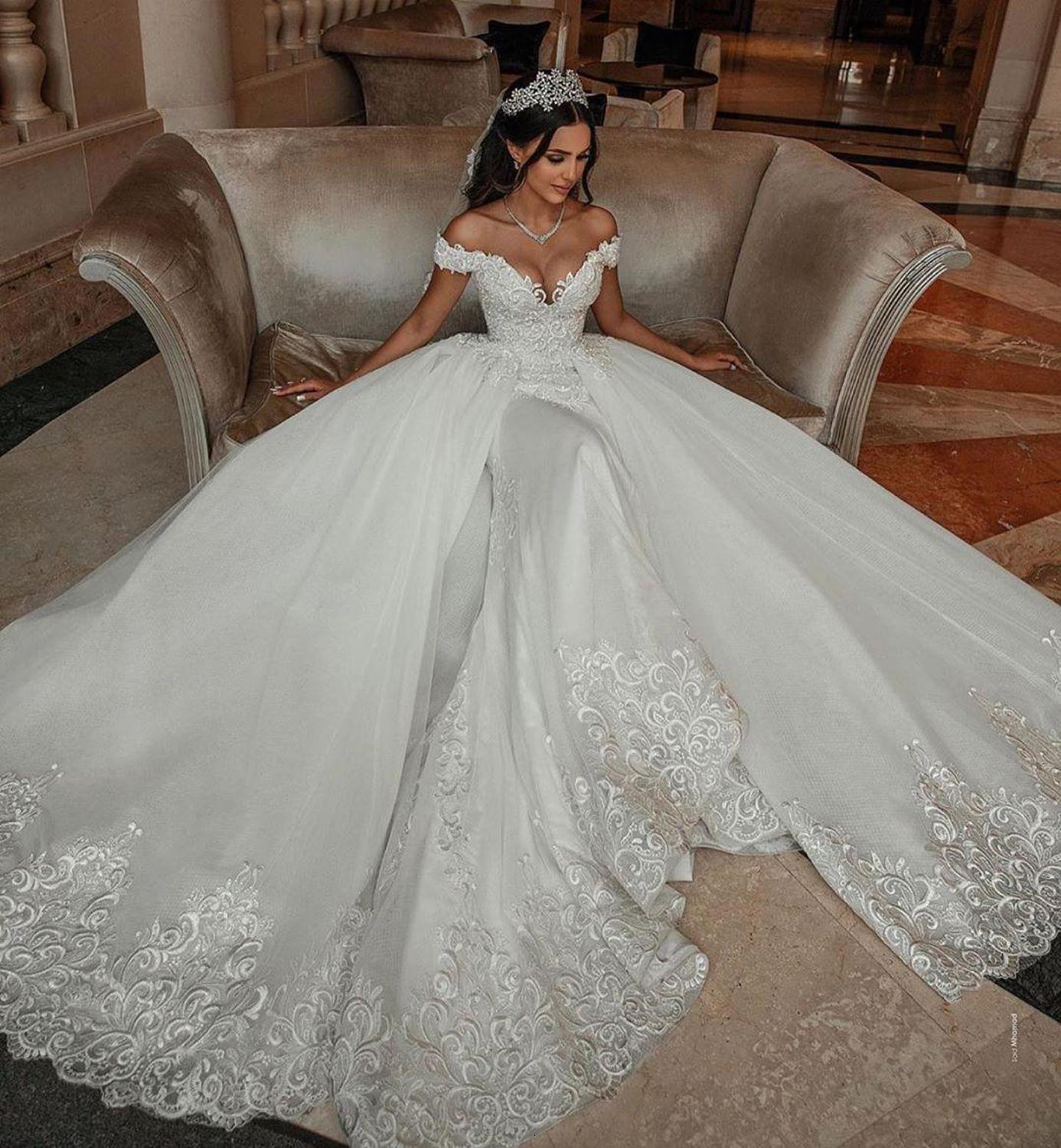 New 2021 Arabic Aso Ebi Luxurious Lace Beaded Es Overskirt Tulle Vintage Off Shoulder Wedding Gowns Vestidos De Noiva Zg5g