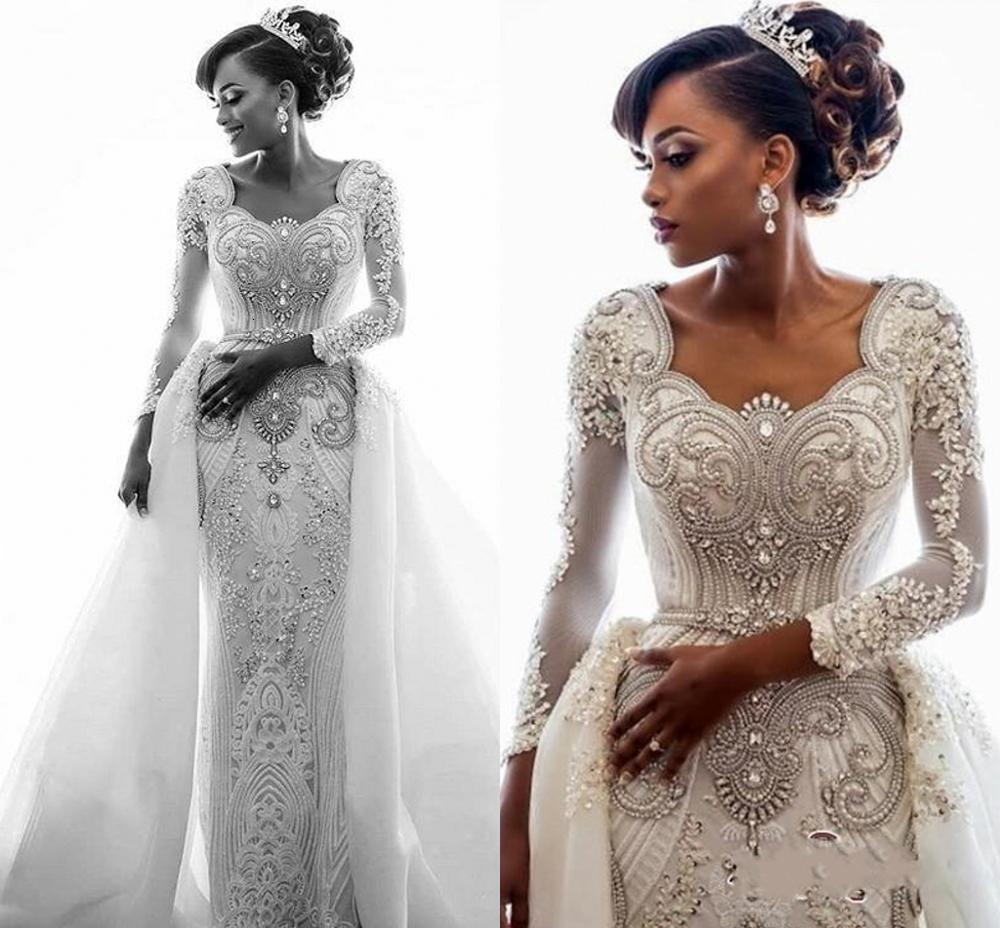 2021 New African Long Sleeves Lace Mermaid Wedding Es Scoop Applique Beaded Crystals Over Skirts Court Train Bridal Gowns E58a