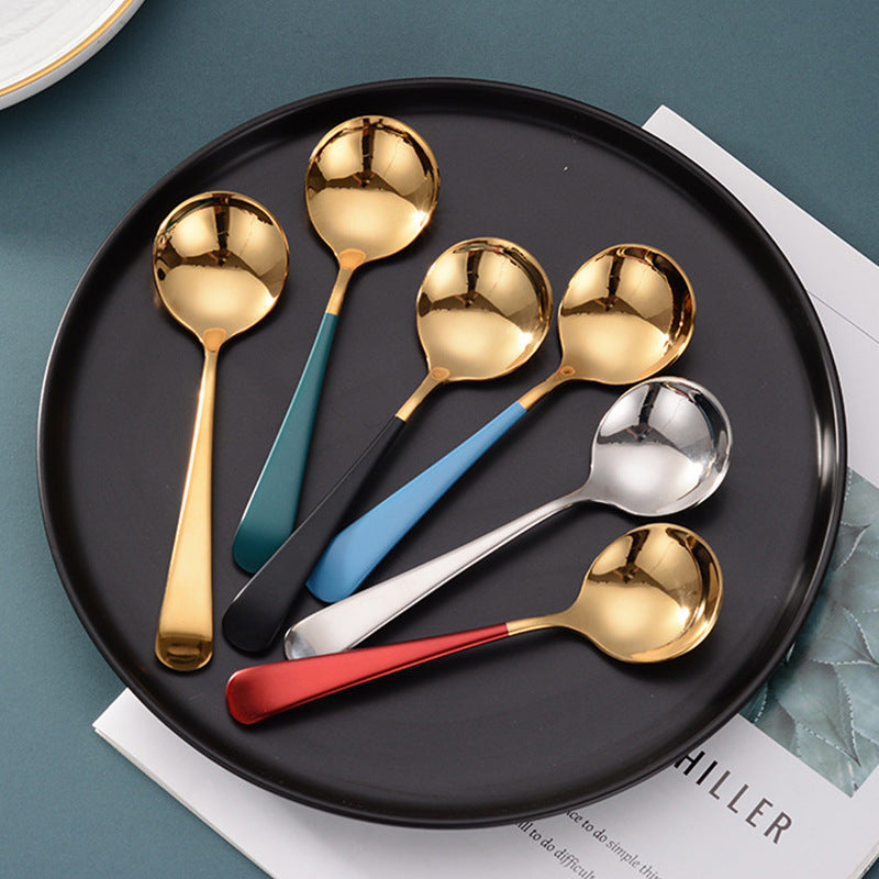 Spoon 410 Stainless Steel Round Children Household Thickened Dessert Creative Gold Plated Coffee Spoons 122082