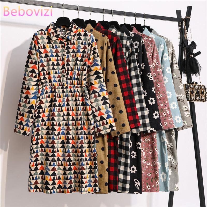 Casual Dresses Winter Spring Autumn Corduroy Long Sleeve Midi Shirt Dress Red Pink Plaid Vintage Fashion Office Lady Woman 2021