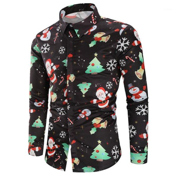 Men&#039;s Casual Shirts Camisa Masculina Men Snowflakes Santa Candy Printed Christmas Shirt Top Blouse Chemise Homme Noel Long Sleeve Men1