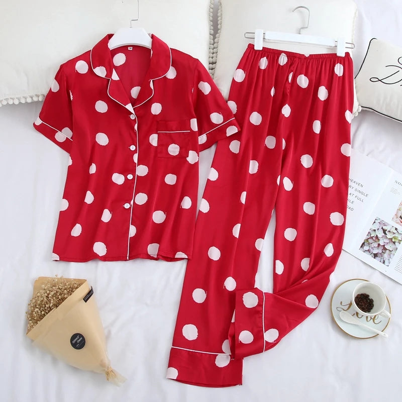 Polka Dot Women&#039;s Pajamas Set Lapel Collar Casual Short Sleeve Long Pants Homewear Summer Faux Silk Soft Sleepwear