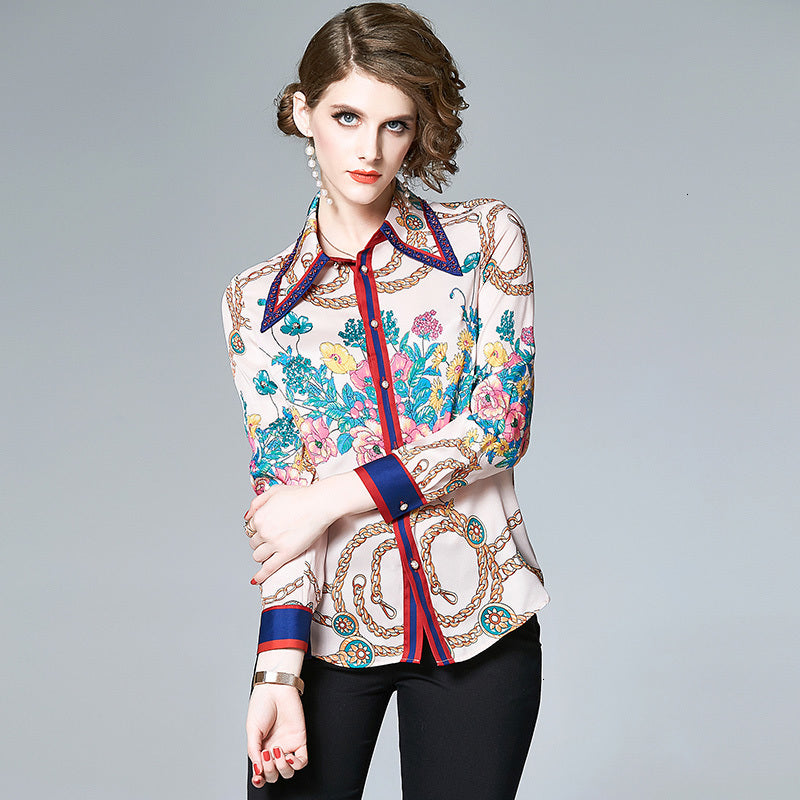 2021 New Fashion Designer Women Long Sleeve Button Up Flower Printed Blouses Shirts Office Vintage Streetwear Elegant Plus Size Top FXC6