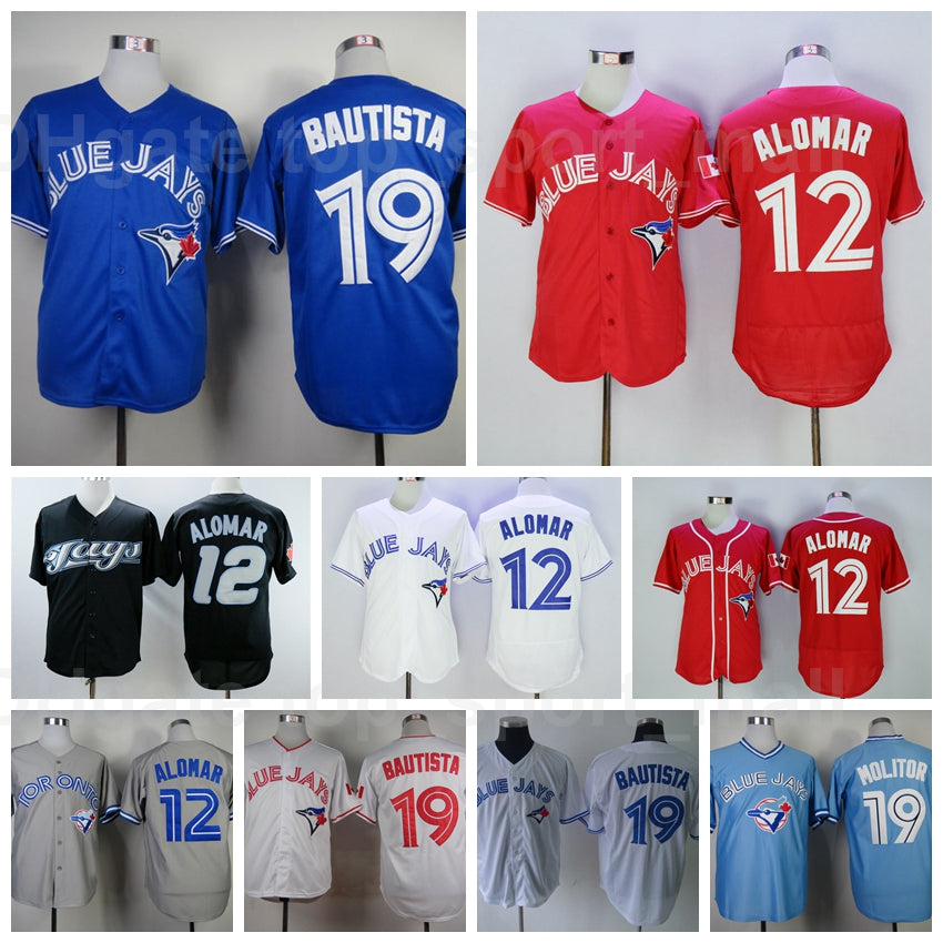1992 1993 2008 Retror Baseball Vintage 19 Jose Bautista Jersey 12 Roberto Alomar Retire Pullover All Stitched Blue White Red Grey Black