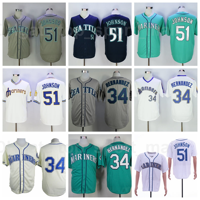 1984 Retror Baseball Vintage 51 Randy Johnson Jersey 34 Felix Hernandez Retire Navy Blue Green White Grey Pullover Cooperstown Flexbase