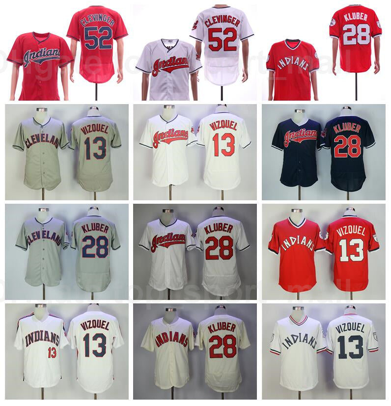 Retror 1976 1995 Vintage Baseball 28 Corey Kluber Jersey 52 Mike Clevinger 13 Omar Vizquel Stitched Retire Red White Grey Beige Navy Blue