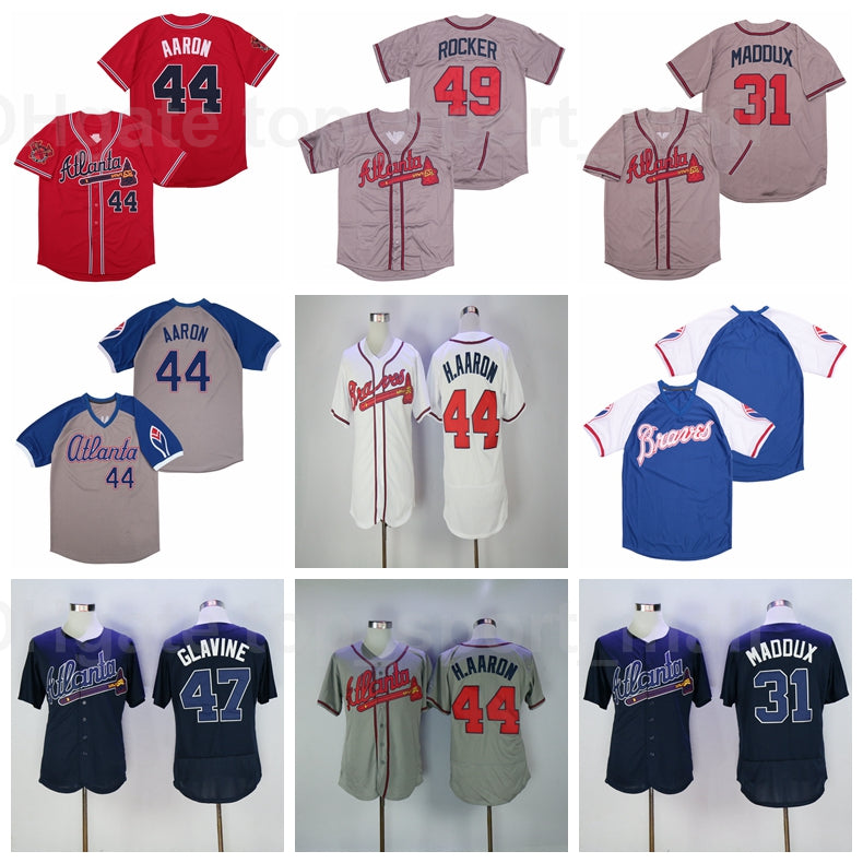 Retror 1974 1999 Vintage Baseball 49 John Rocker Jersey 44 Hank Aaron 47 Glavine Pullover Retire Stitched Navy Blue Grey White Red Team