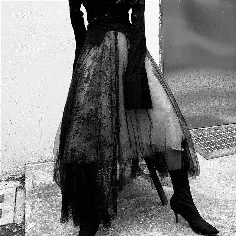 2021 Maxi Long Luxury Soft Tulle Skirt Lace Stitching Gothic White Black Pleated Tutu Skirts Womens Vintage Petticoat Lange Rok Jupes 9uim